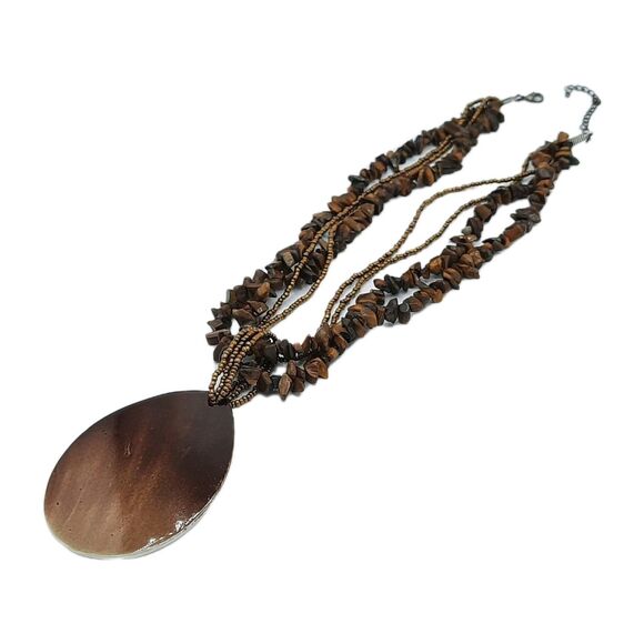 Tigers Eye Gemstone Multi-Strand Irregular Chip Large Tear Drop Pendant Necklace - Picture 4 of 4